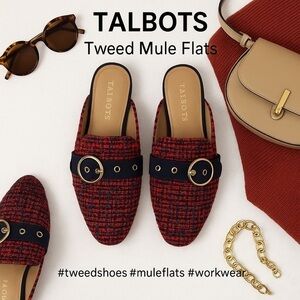 TALBOTS Tweed Mule Flats 8M Red Navy Buckle Slide